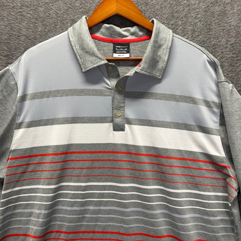 Nike Golf Mens XL Dri-FIT Striped Polo Shirt Grey Red White‎ Short Sleeve Sport